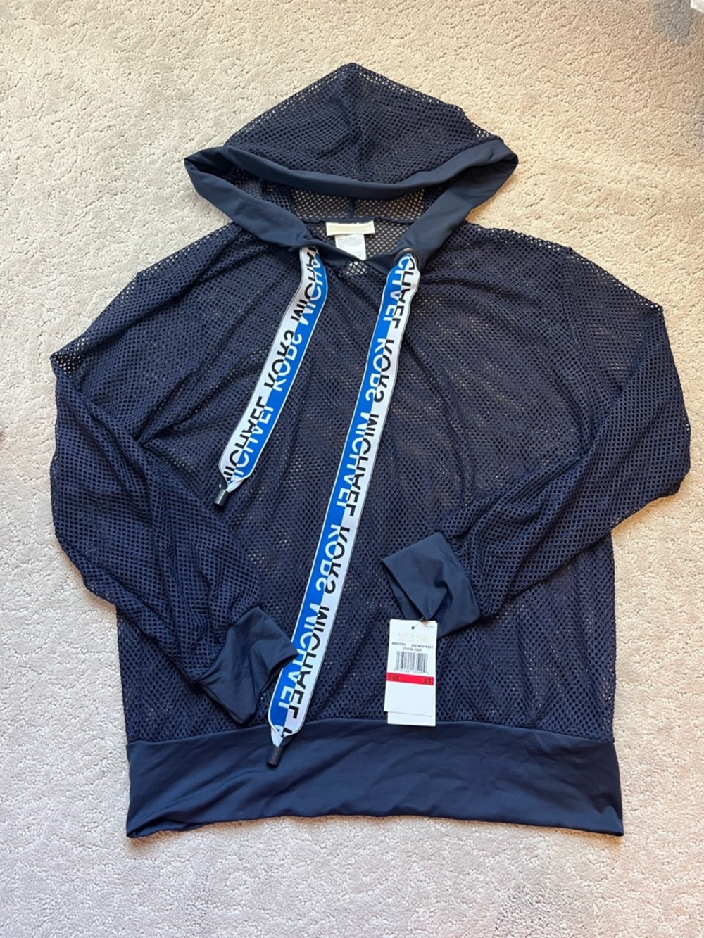 Michael Kors NEW Navy Mesh Hooded Pullover with Branded Blue Drawstrings
